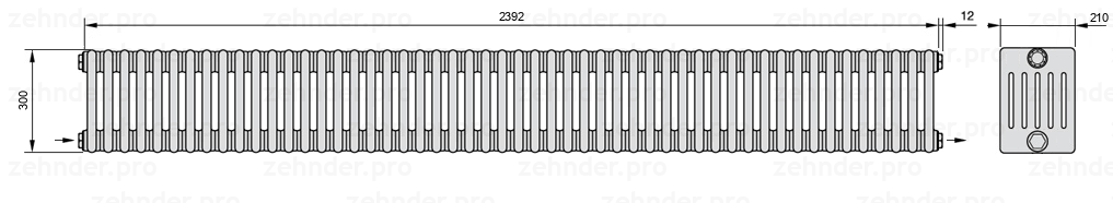Схема (чертеж) Радиатор Zehnder Charleston 6030/52 №2670 Белый глянцевый RAL 9016